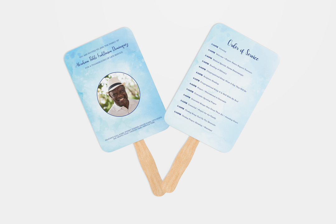 Blue Watercolor Hand Fan Editable Obituary Template