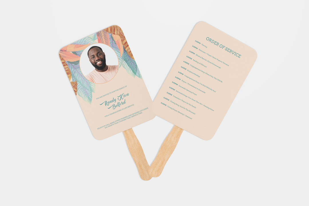 Vibrant Leaf Hand Fan Editable Obituary Template