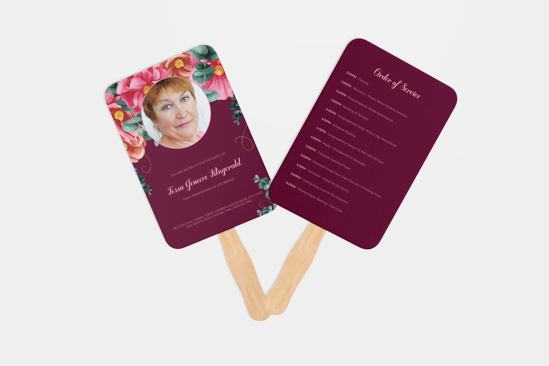 Red and Pink Floral Hand Fan Editable Obituary Template