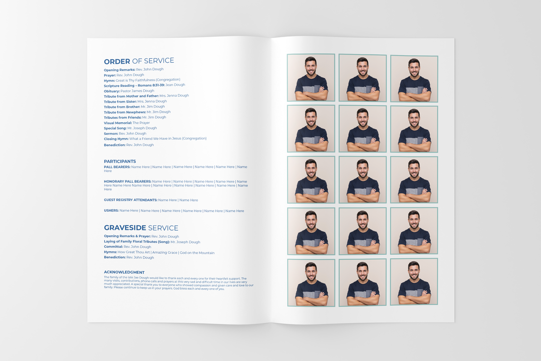 Crea un piccolo programma funebre/commemorativo personalizzato di 4 pagine con il nostro modello digitale stampabile 1008