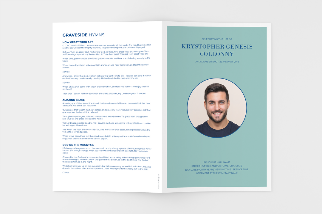 Crea un piccolo programma funebre/commemorativo personalizzato di 4 pagine con il nostro modello digitale stampabile 1008