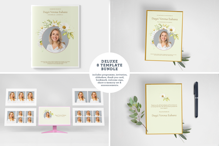 Daisy Deluxe 8-Piece Funeral Template Bundle | Large 8-Page Program, Slideshow, Death Announcement, Invitation, Bookmark Welcome Sign, Share-a-Memory Set, Thank You Card