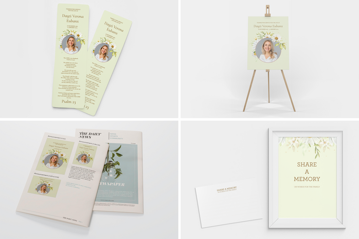 Daisy Deluxe 8-Piece Funeral Template Bundle | Large 8-Page Program, Slideshow, Death Announcement, Invitation, Bookmark Welcome Sign, Share-a-Memory Set, Thank You Card