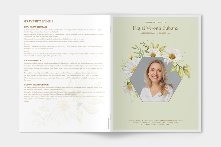 Daisy Deluxe 8-Piece Funeral Template Bundle | Large 8-Page Program, Slideshow, Death Announcement, Invitation, Bookmark Welcome Sign, Share-a-Memory Set, Thank You Card