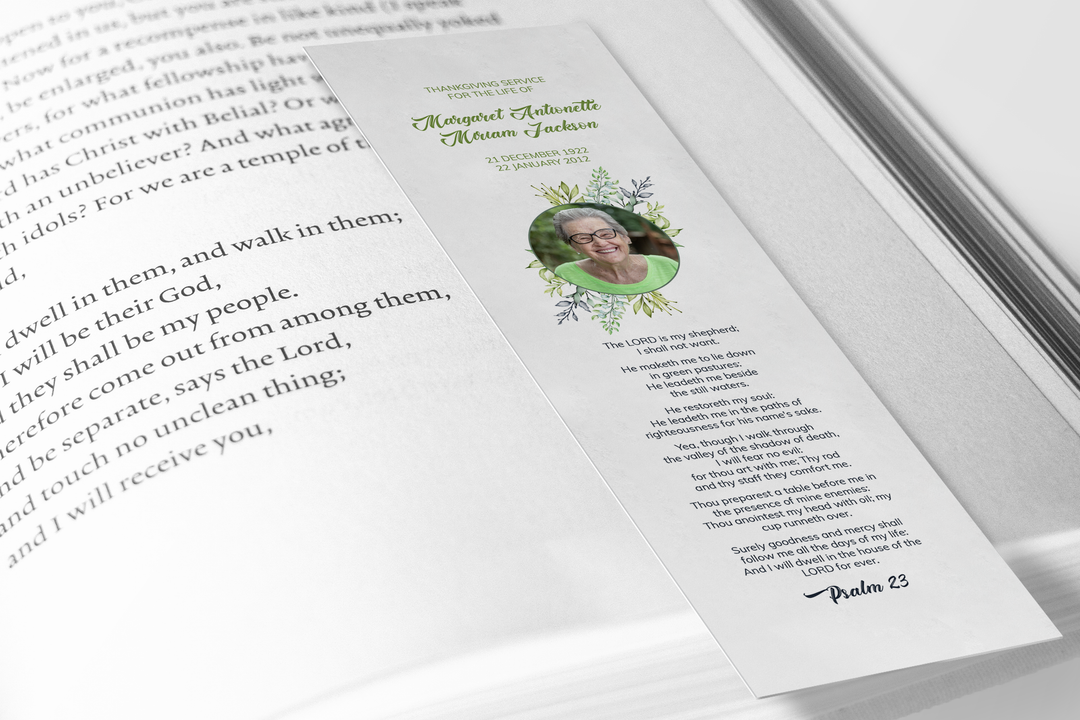 Greenery Bookmark Template Customizable Funeral Keepsake