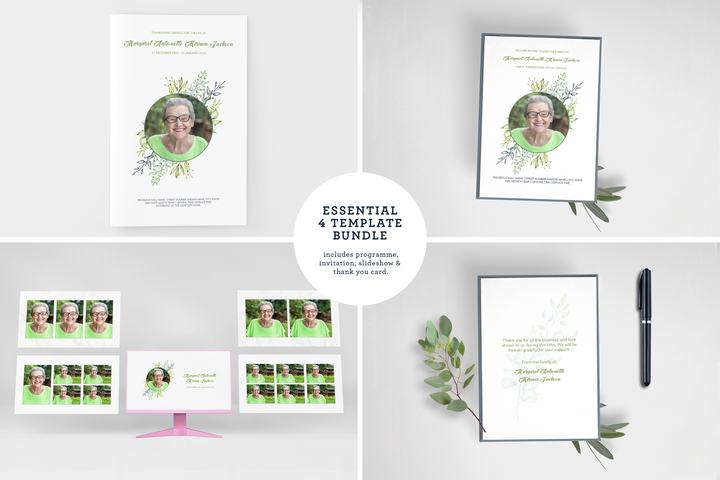 Paquete de plantillas funerarias y conmemorativas personalizables: programa pequeño de 4 páginas, presentación de diapositivas, invitaciones y tarjetas de agradecimiento: cree un tributo personalizado para honrar la vida y el legado de su ser querido 1002
