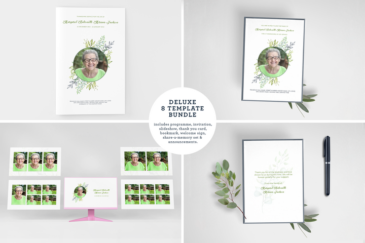 Greenery Deluxe 8-Piece Funeral Template Bundle | Small 8-Page Program, Slideshow, Death Announcement, Invitation, Bookmark Welcome Sign, Share-a-Memory Set, Thank You Card
