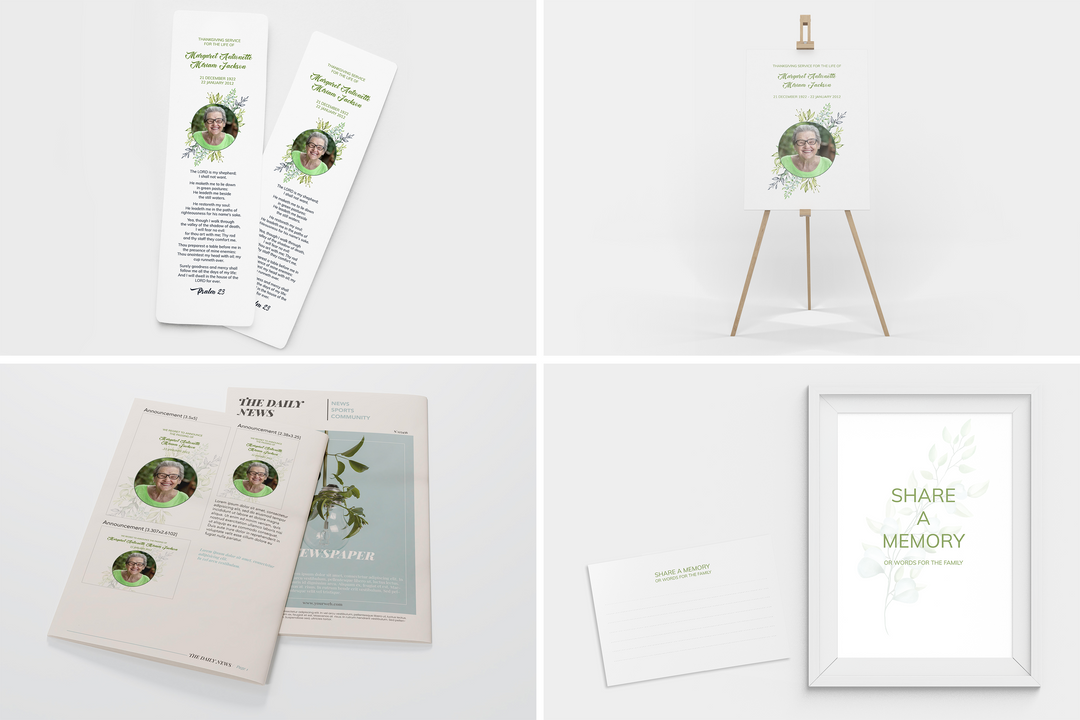 Greenery Deluxe 8-Piece Funeral Template Bundle | Small 8-Page Program, Slideshow, Death Announcement, Invitation, Bookmark Welcome Sign, Share-a-Memory Set, Thank You Card