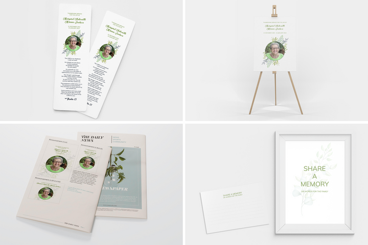 Greenery Deluxe 8-Piece Funeral Template Bundle | Small 8-Page Program, Slideshow, Death Announcement, Invitation, Bookmark Welcome Sign, Share-a-Memory Set, Thank You Card