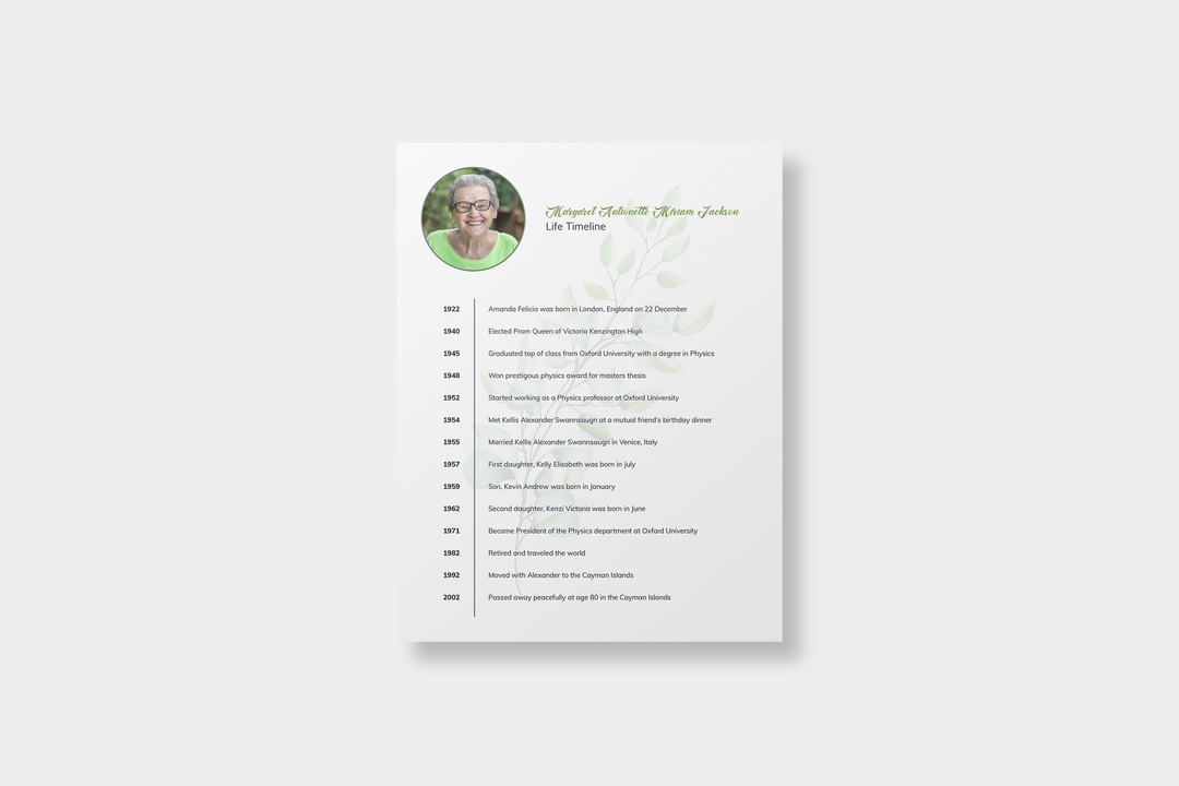 Greenery Life Timeline Obituary Template