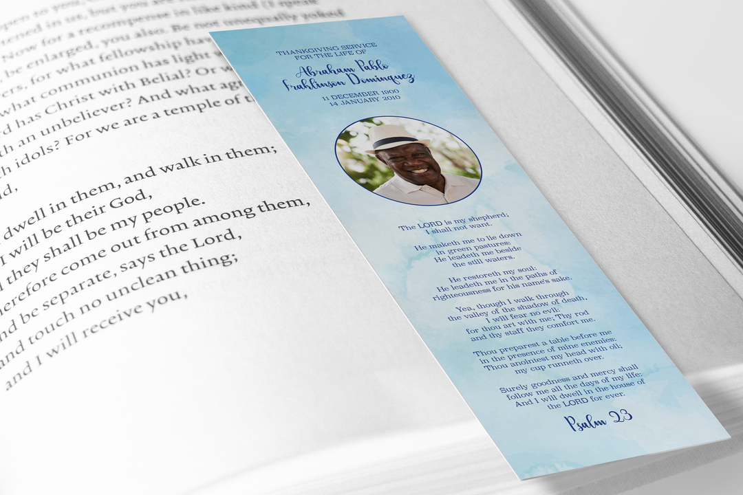 Blue Watercolor Bookmark Template Customizable Funeral Keepsake