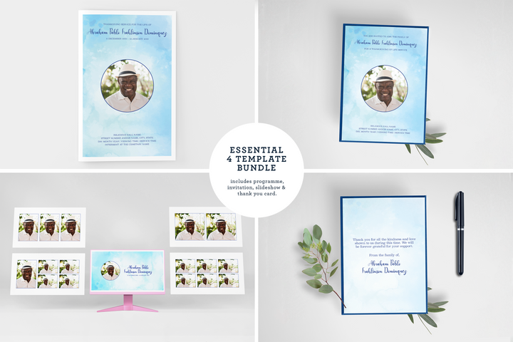 Anpassbare Vorlagen-Bundle für Beerdigungs- und Gedenkfeiern: Kleines 8-seitiges Programm, Diashow, Einladungen und Dankeskarten - Erstellen Sie eine personalisierte Hommage zur Ehrung des Lebens und Vermächtnisses Ihres geliebten Menschen 1003