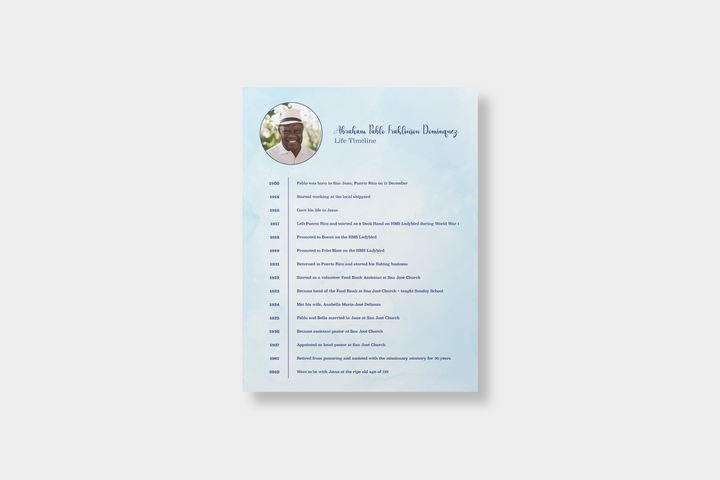 Blue Watercolor Life Timeline Obituary Template