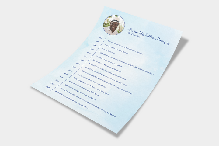 Blue Watercolor Life Timeline Obituary Template