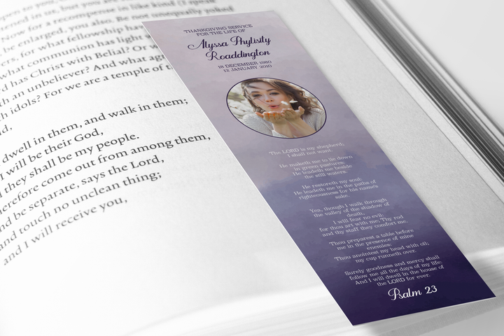 Purple Haze Bookmark Template Customizable Funeral Keepsake