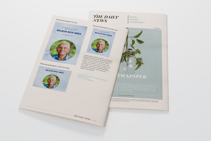 Plantilla personalizable de anuncio de defunción estilo periódico 1007