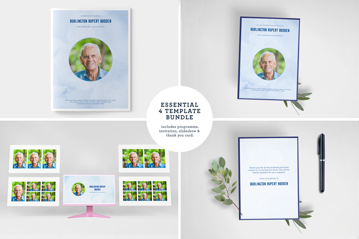 Blue Sky Essential 4-Piece Funeral Template Bundle | Large 4-Page Program, Slideshow, Invitation, Thank You Card