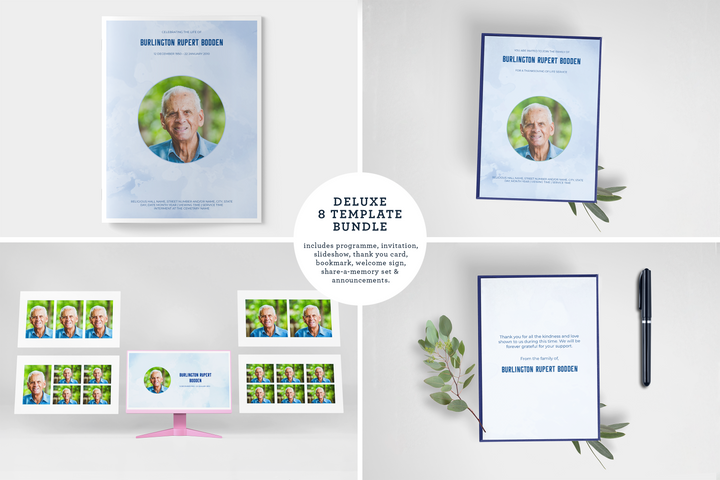 Blue Sky Deluxe 8-Piece Funeral Template Bundle | Large 4-Page Program, Slideshow, Death Announcement, Invitation, Bookmark Welcome Sign, Share-a-Memory Set, Thank You Card