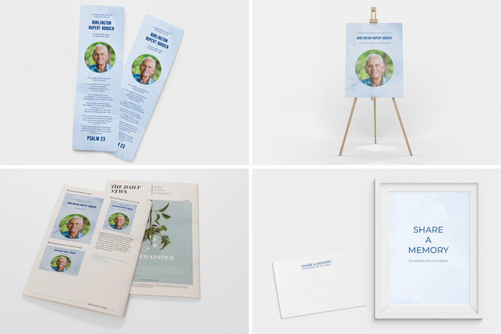 Blue Sky Deluxe 8-Piece Funeral Template Bundle | Large 4-Page Program, Slideshow, Death Announcement, Invitation, Bookmark Welcome Sign, Share-a-Memory Set, Thank You Card