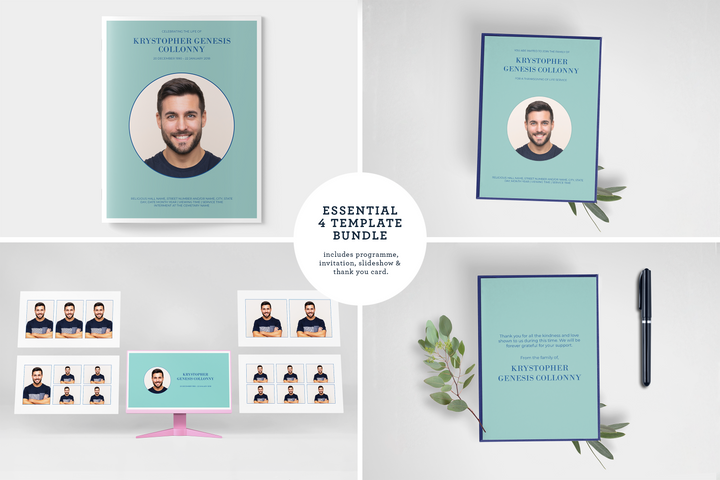 Pacchetto Essentials: modelli personalizzabili per funerali e commemorazioni: ampio programma di 4 pagine, presentazione, inviti e biglietti di ringraziamento - Crea un sentito tributo per celebrare la vita e l'eredità della persona amata 1008