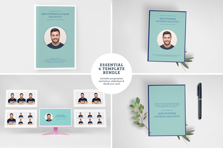 Anpassbares Vorlagenpaket für Beerdigungen und Gedenkfeiern: Kleines 8-seitiges Programm, Diashow, Einladungen und Dankeskarten – Erstellen Sie eine personalisierte Hommage, um das Leben und Vermächtnis Ihrer Liebsten zu ehren 1008