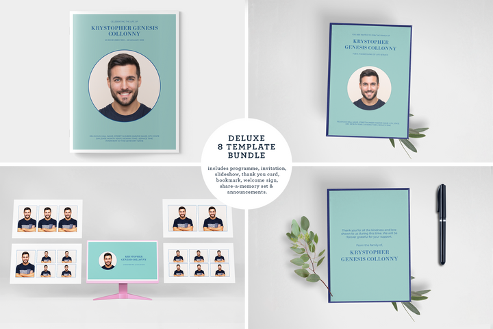 Minimalist Deluxe 8-Piece Funeral Template Bundle | Large 8-Page Program, Slideshow, Death Announcement, Invitation, Bookmark Welcome Sign, Share-a-Memory Set, Thank You Card