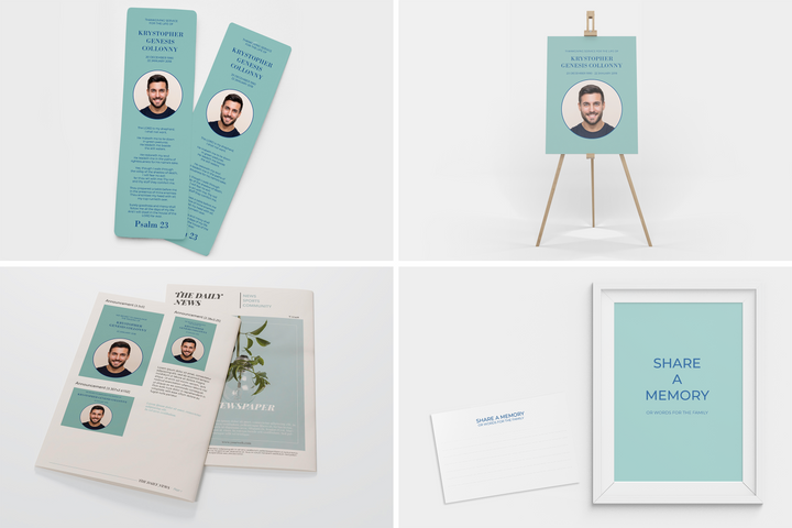 Minimalist Deluxe 8-Piece Funeral Template Bundle | Large 8-Page Program, Slideshow, Death Announcement, Invitation, Bookmark Welcome Sign, Share-a-Memory Set, Thank You Card