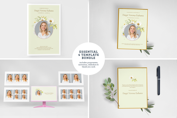 Paquete de plantillas funerarias y conmemorativas personalizables: programa pequeño de 8 páginas, presentación de diapositivas, invitaciones y tarjetas de agradecimiento: cree un tributo personalizado para honrar la vida y el legado de su ser querido 1010