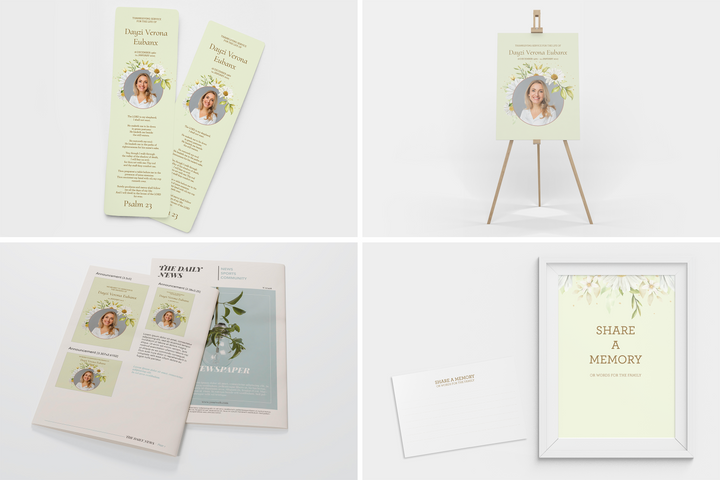 Cree un tributo funerario personalizado con nuestro paquete de plantillas digitales: programa pequeño de 8 páginas, presentación de diapositivas, tarjetas, anuncios y juego de recuerdos 1010