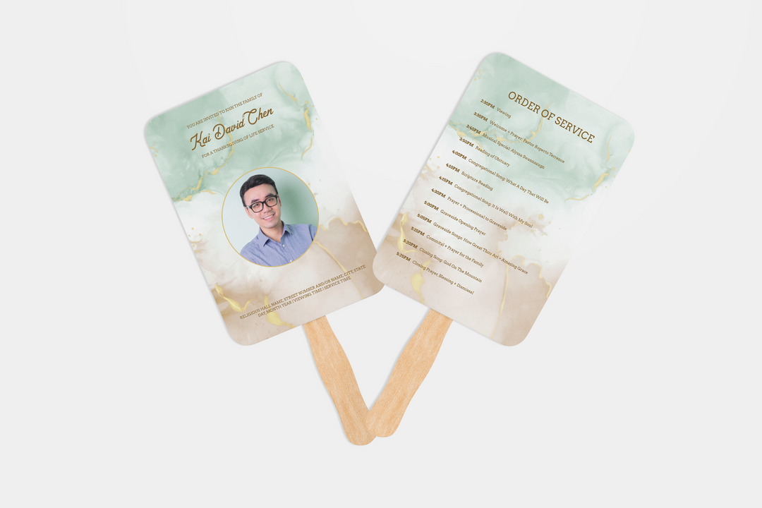 Green and Gold Marble Hand Fan Editable Obituary Template