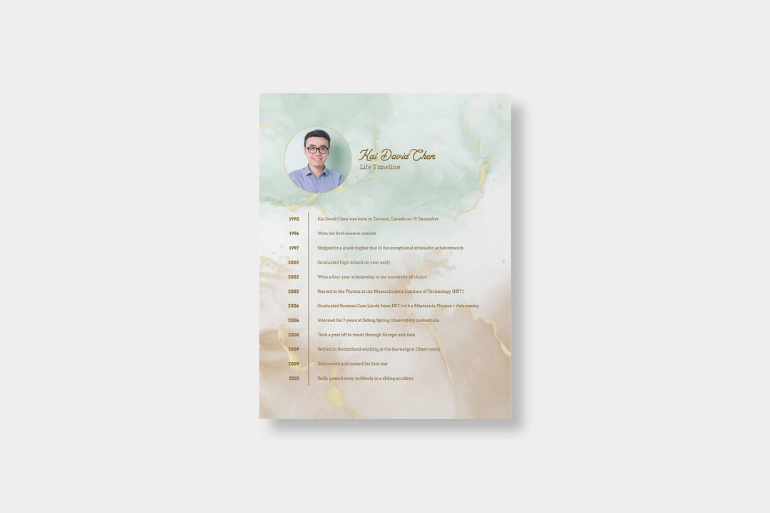 Green and Gold Marble Life Timeline Obituary Template