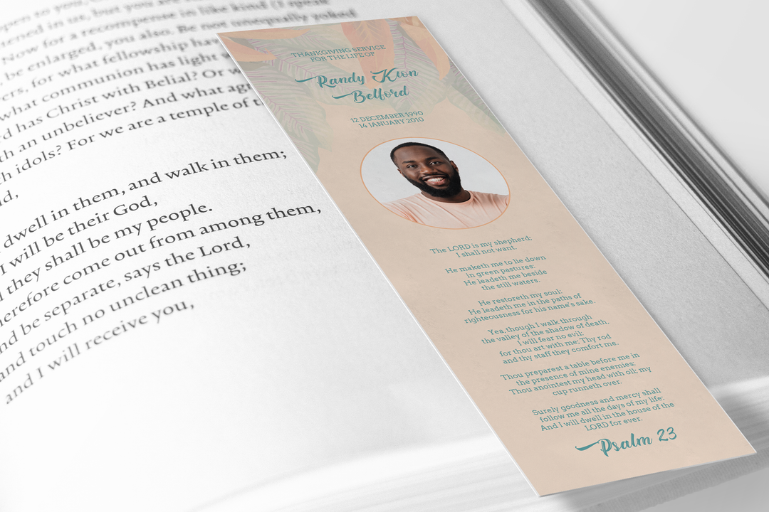 Vibrant Leaf Bookmark Template Customizable Funeral Keepsake