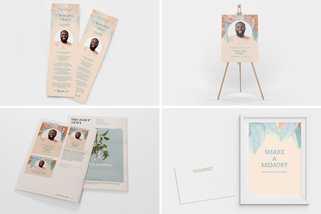 Vibrant Leaf Deluxe 8-Piece Funeral Template Bundle | Large 8-Page Program, Slideshow, Death Announcement, Invitation, Bookmark Welcome Sign, Share-a-Memory Set, Thank You Card