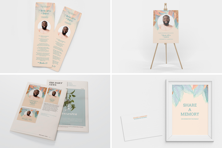 Vibrant Leaf Deluxe 8-Piece Funeral Template Bundle | Large 8-Page Program, Slideshow, Death Announcement, Invitation, Bookmark Welcome Sign, Share-a-Memory Set, Thank You Card