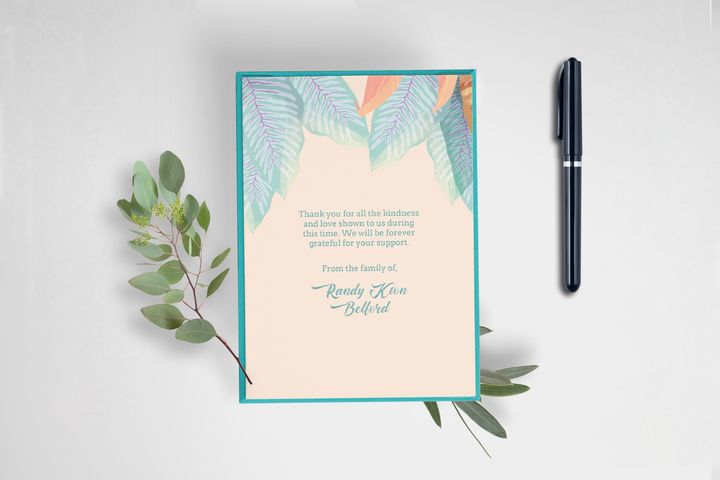 Cree tarjetas de agradecimiento personalizadas para funerales o memoriales con nuestra plantilla digital 1012