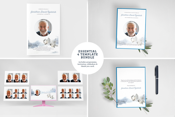 Paquete de plantillas funerarias y conmemorativas personalizables: programa pequeño de 4 páginas, presentación de diapositivas, invitaciones y tarjetas de agradecimiento: cree un tributo personalizado para honrar la vida y el legado de su ser querido 1013