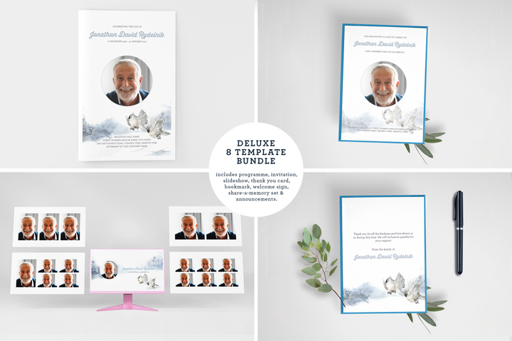 Erstellen Sie eine personalisierte Trauerfeier mit unserem digitalen Vorlagenpaket: Kleines 8-seitiges Programm, Diashow, Karten, Ankündigungen und Erinnerungsset 1013