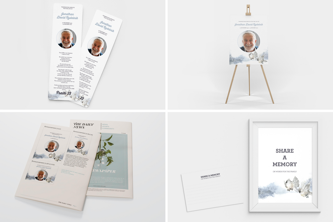 Erstellen Sie eine personalisierte Trauerfeier mit unserem digitalen Vorlagenpaket: Kleines 8-seitiges Programm, Diashow, Karten, Ankündigungen und Erinnerungsset 1013
