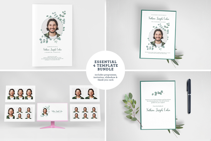 Paquete de plantillas funerarias y conmemorativas personalizables: programa pequeño de 4 páginas, presentación de diapositivas, invitaciones y tarjetas de agradecimiento: cree un tributo personalizado para honrar la vida y el legado de su ser querido 1014