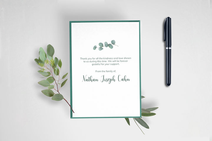 Cree tarjetas de agradecimiento personalizadas para funerales o memoriales con nuestra plantilla digital 1014