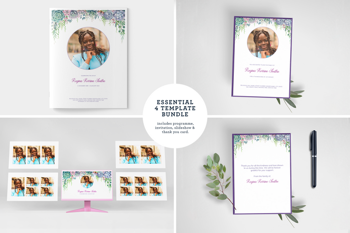 Lush Succulent Essential 4-Piece Funeral Template Bundle | Large 8-Page Program, Slideshow, Invitation, Thank You Card