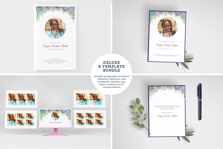 Lush Succulent Deluxe 8-Piece Funeral Template Bundle | Small 4-Page Program, Slideshow, Death Announcement, Invitation, Bookmark Welcome Sign, Share-a-Memory Set, Thank You Card