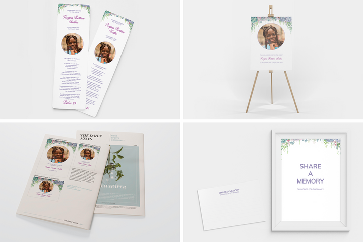 Lush Succulent Deluxe 8-Piece Funeral Template Bundle | Small 4-Page Program, Slideshow, Death Announcement, Invitation, Bookmark Welcome Sign, Share-a-Memory Set, Thank You Card