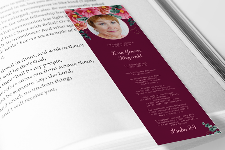 Red and Pink Floral Bookmark Template Customizable Funeral Keepsake