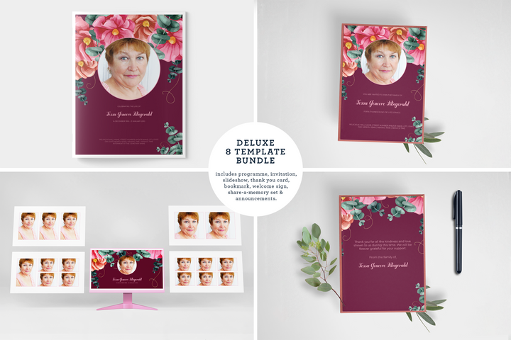 Red and Pink Floral Deluxe 8-Piece Funeral Template Bundle | Large 4-Page Program, Slideshow, Death Announcement, Invitation, Bookmark Welcome Sign, Share-a-Memory Set, Thank You Card