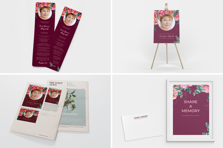 Red and Pink Floral Deluxe 8-Piece Funeral Template Bundle | Large 4-Page Program, Slideshow, Death Announcement, Invitation, Bookmark Welcome Sign, Share-a-Memory Set, Thank You Card
