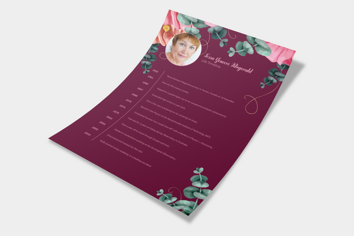 Red and Pink Floral Life Timeline Obituary Template