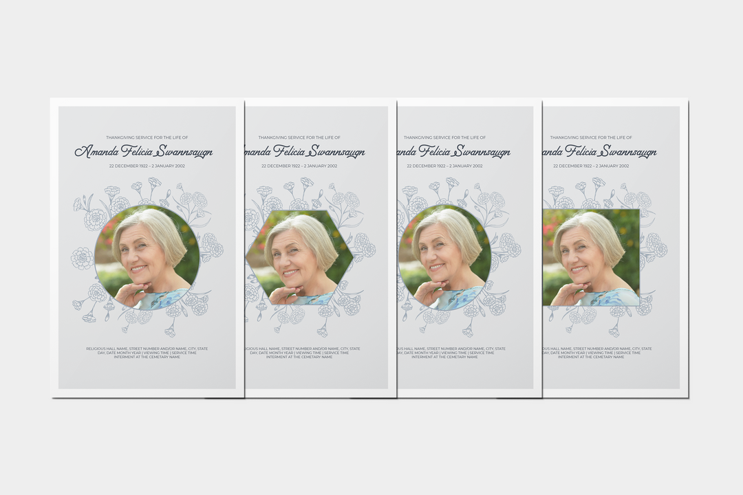 Erstellen Sie eine personalisierte Trauerfeier mit unserem digitalen Vorlagenpaket: kleines 8-seitiges Programm, Diashow, Karten, Ankündigungen und Erinnerungsset 1001