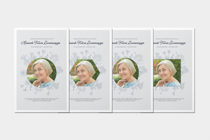 Erstellen Sie eine personalisierte Trauerfeier mit unserem digitalen Vorlagenpaket: kleines 8-seitiges Programm, Diashow, Karten, Ankündigungen und Erinnerungsset 1001