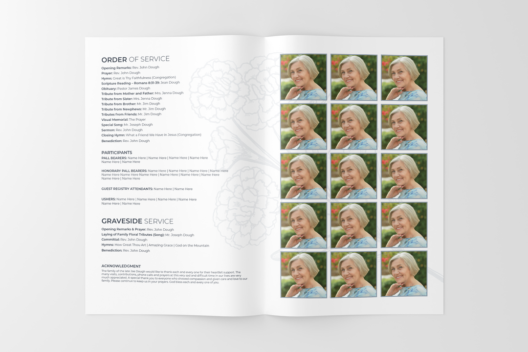 Erstellen Sie eine personalisierte Trauerfeier mit unserem digitalen Vorlagenpaket: kleines 8-seitiges Programm, Diashow, Karten, Ankündigungen und Erinnerungsset 1001